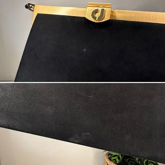 Vintage Charles Jourdan Black Suede Frame Bag Gold Hardware Clutch Leather Strap - Picture 7 of 10